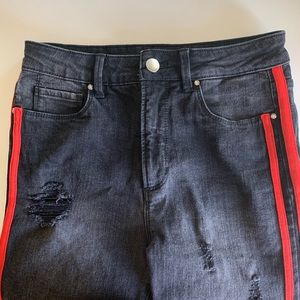 Black Ripped Skinny Jeans with Red Stripes